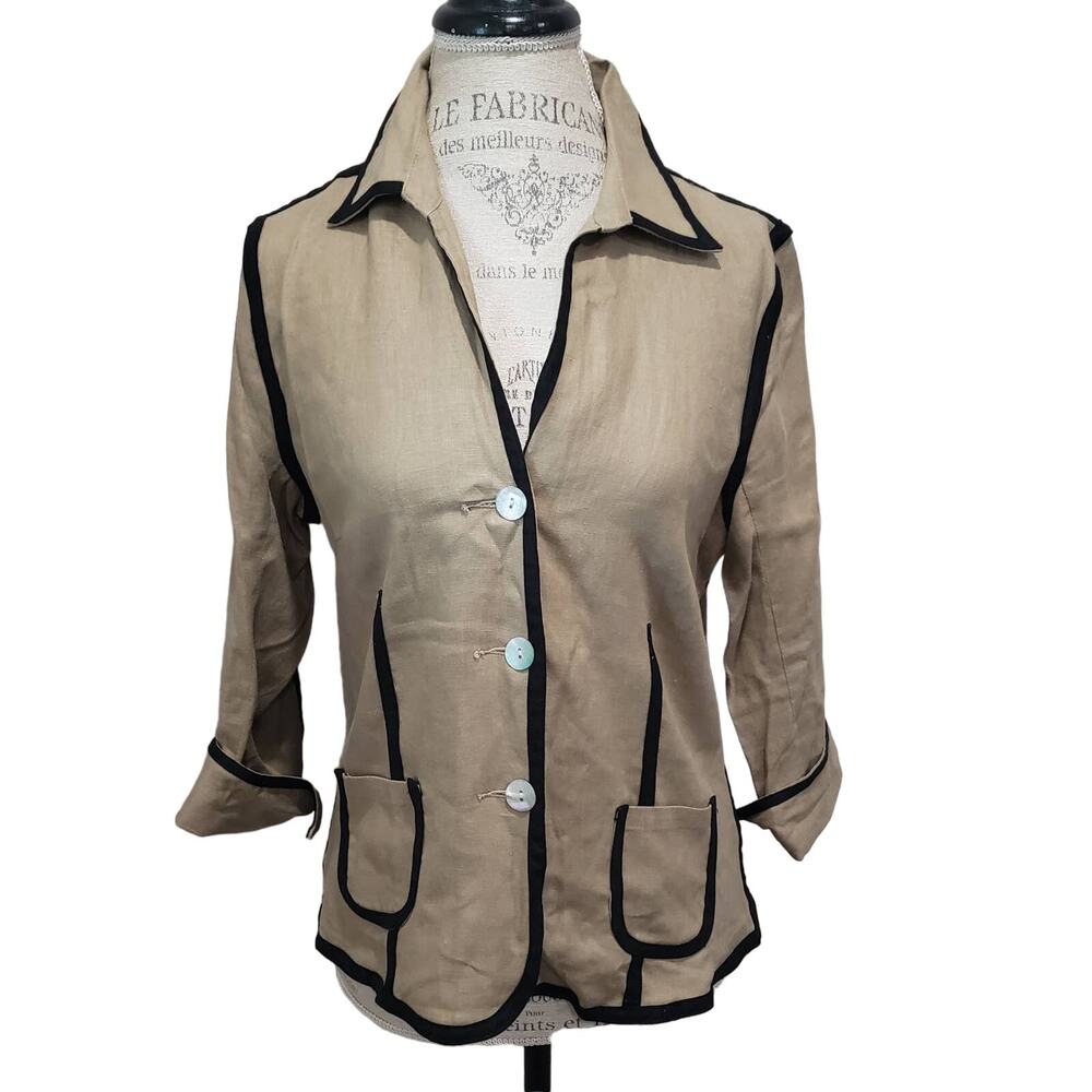 Knit Chic Tan w.  Black Trim 3 Button Up Linen Long Sleeved Blazer Suit Jacket